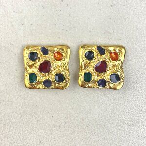 Vintage Clip Earrings Gold metal Colorful enamel accents 1980s Bluette France